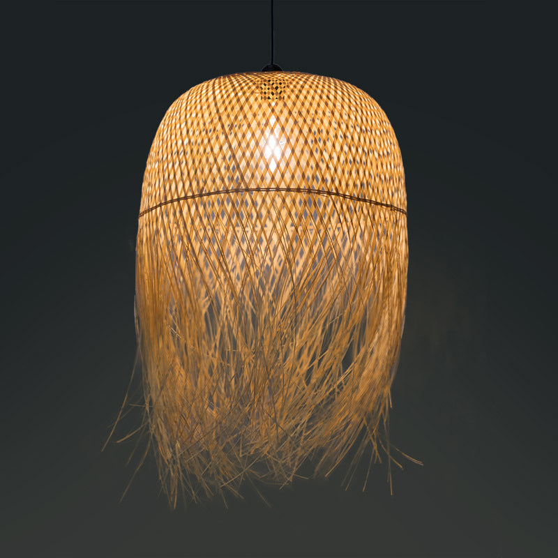 Rustic Fringe Pendant Light Rattan 6"/10"/18" Wide Single-Bulb Dining Room Hanging Lamp in Beige Clearhalo 'Ceiling Lights' 'Modern Pendants' 'Modern' 'Pendant Lights' 'Pendants' Lighting' 1958022