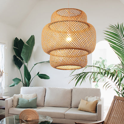 Criss-Cross Woven Lantern Pendant Asian Style Bamboo 1 Bulb Living Room Hanging Light in Black/Beige, 15"/19.5" W Beige Clearhalo 'Ceiling Lights' 'Modern Pendants' 'Modern' 'Pendant Lights' 'Pendants' Lighting' 1958032