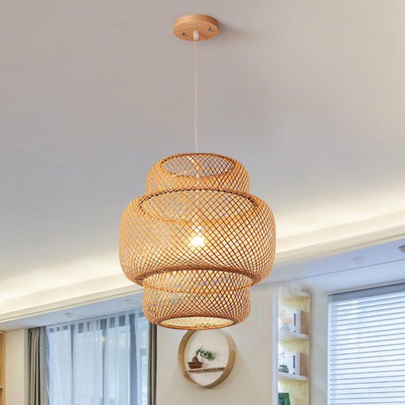 Criss-Cross Woven Lantern Pendant Asian Style Bamboo 1 Bulb Living Room Hanging Light in Black/Beige, 15"/19.5" W Clearhalo 'Ceiling Lights' 'Modern Pendants' 'Modern' 'Pendant Lights' 'Pendants' Lighting' 1958033