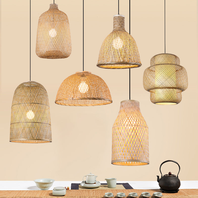 Bottle/Bell/Dome Bamboo Pendant Lamp Asia 1-Light Beige Suspended Lighting Fixture for Dining Room Clearhalo 'Ceiling Lights' 'Modern Pendants' 'Modern' 'Pendant Lights' 'Pendants' Lighting' 1958047