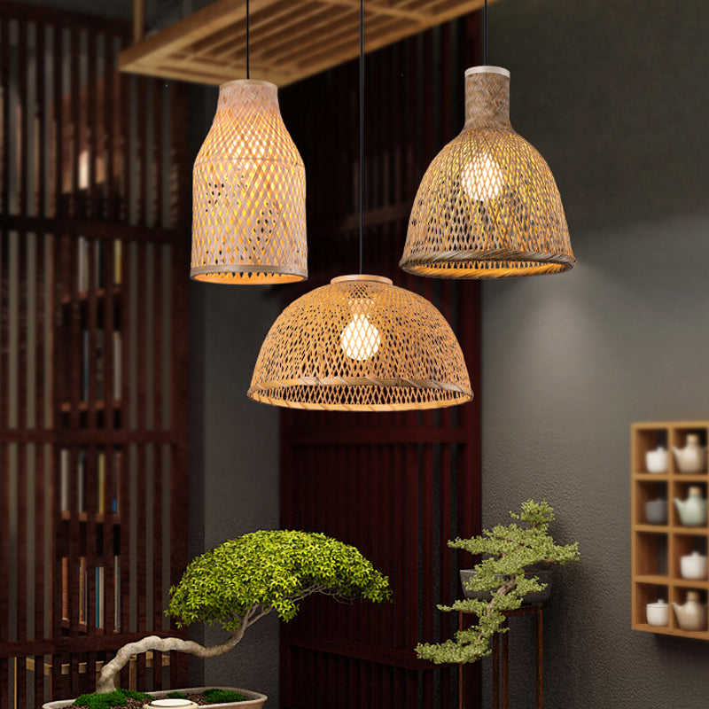 Bottle/Bell/Dome Bamboo Pendant Lamp Asia 1-Light Beige Suspended Lighting Fixture for Dining Room Beige B Clearhalo 'Ceiling Lights' 'Modern Pendants' 'Modern' 'Pendant Lights' 'Pendants' Lighting' 1958052