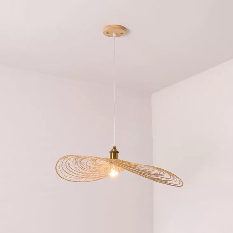 Chinese Style 1/3/6-Light Pendulum Light Beige Lotus Leaf Pendant Lighting with Bamboo Shade, 14"/16.5"/19.5" Wide 1 Beige 16.5" Clearhalo 'Ceiling Lights' 'Modern Pendants' 'Modern' 'Pendant Lights' 'Pendants' Lighting' 1958069