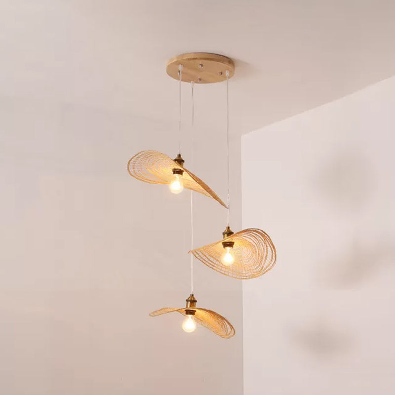 Chinese Style 1/3/6-Light Pendulum Light Beige Lotus Leaf Pendant Lighting with Bamboo Shade, 14"/16.5"/19.5" Wide 3 Beige 14" Clearhalo 'Ceiling Lights' 'Modern Pendants' 'Modern' 'Pendant Lights' 'Pendants' Lighting' 1958075