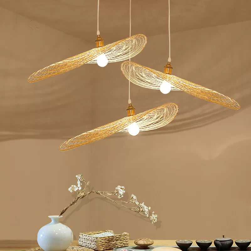Chinese Style 1/3/6-Light Pendulum Light Beige Lotus Leaf Pendant Lighting with Bamboo Shade, 14"/16.5"/19.5" Wide Clearhalo 'Ceiling Lights' 'Modern Pendants' 'Modern' 'Pendant Lights' 'Pendants' Lighting' 1958076