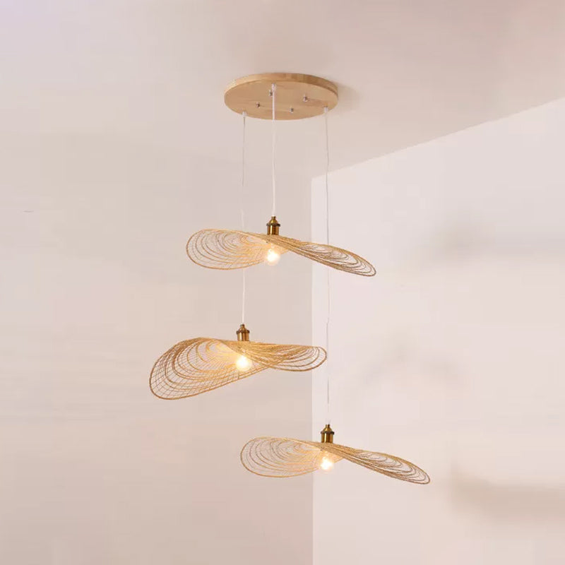Chinese Style 1/3/6-Light Pendulum Light Beige Lotus Leaf Pendant Lighting with Bamboo Shade, 14"/16.5"/19.5" Wide 3 Beige 16.5" Clearhalo 'Ceiling Lights' 'Modern Pendants' 'Modern' 'Pendant Lights' 'Pendants' Lighting' 1958079