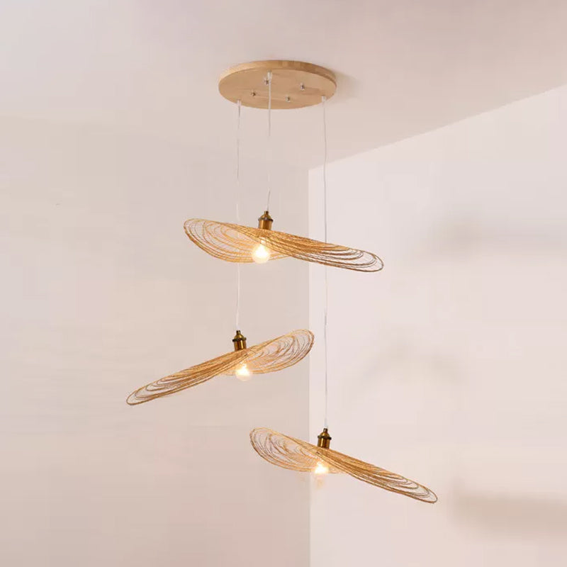 Chinese Style 1/3/6-Light Pendulum Light Beige Lotus Leaf Pendant Lighting with Bamboo Shade, 14"/16.5"/19.5" Wide 3 Beige 19.5" Clearhalo 'Ceiling Lights' 'Modern Pendants' 'Modern' 'Pendant Lights' 'Pendants' Lighting' 1958082