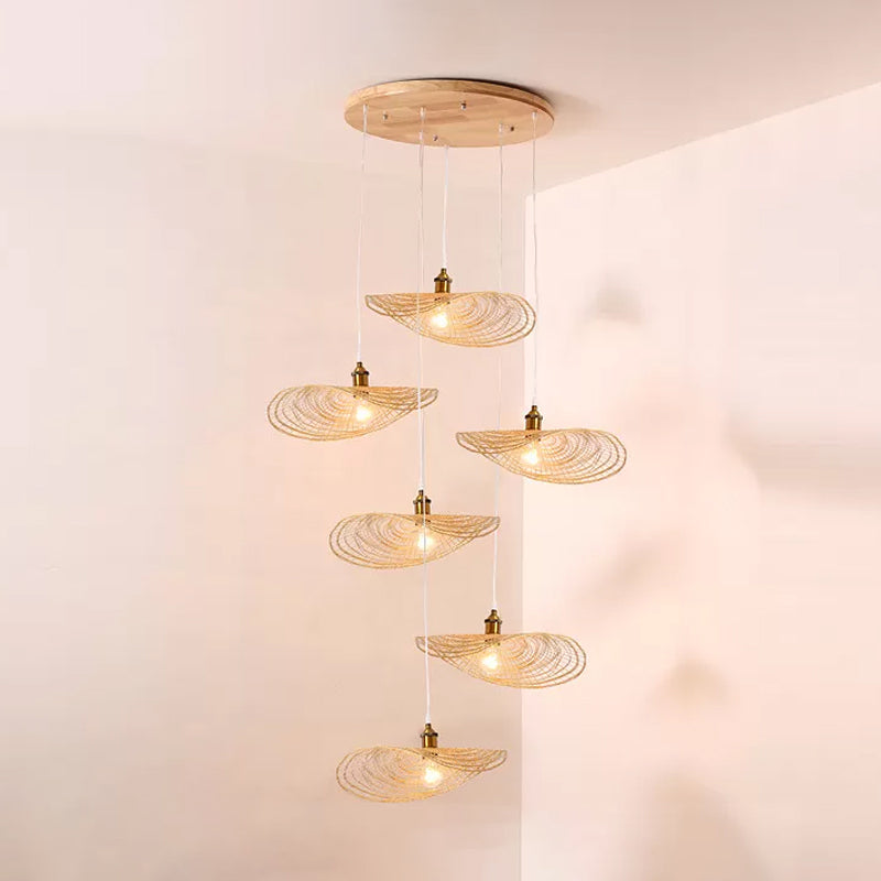 Chinese Style 1/3/6-Light Pendulum Light Beige Lotus Leaf Pendant Lighting with Bamboo Shade, 14"/16.5"/19.5" Wide 6 Beige 14" Clearhalo 'Ceiling Lights' 'Modern Pendants' 'Modern' 'Pendant Lights' 'Pendants' Lighting' 1958085
