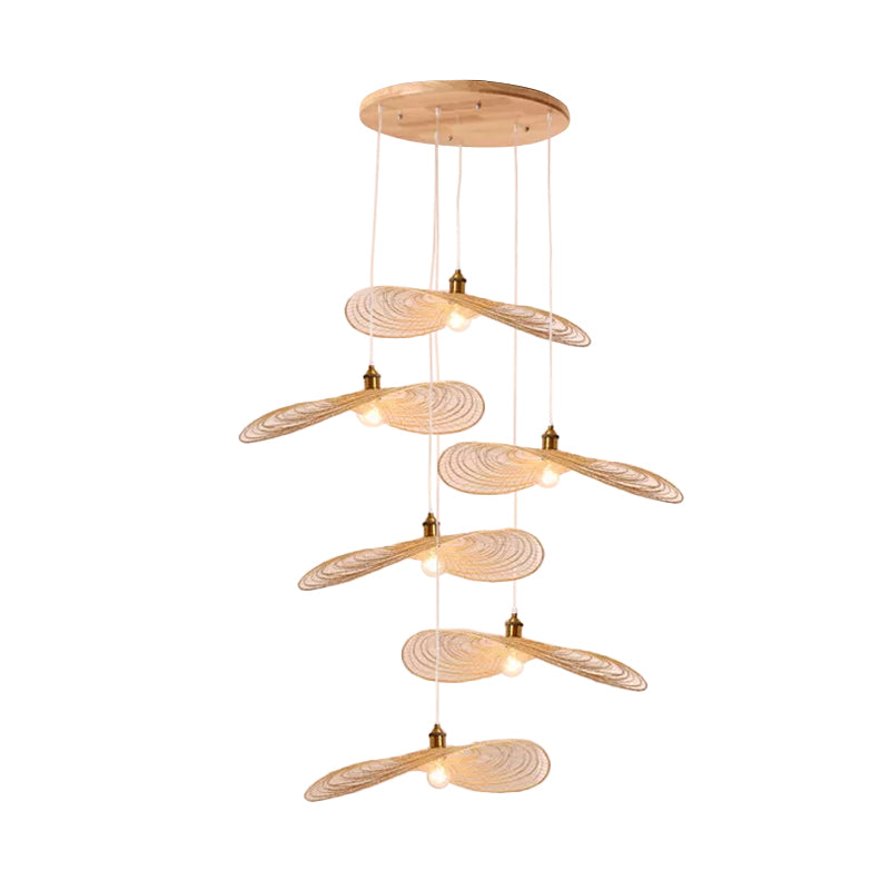 Chinese Style 1/3/6-Light Pendulum Light Beige Lotus Leaf Pendant Lighting with Bamboo Shade, 14"/16.5"/19.5" Wide Clearhalo 'Ceiling Lights' 'Modern Pendants' 'Modern' 'Pendant Lights' 'Pendants' Lighting' 1958089