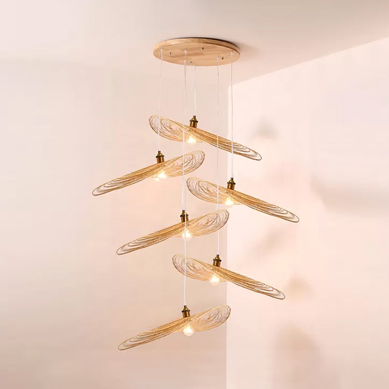 Chinese Style 1/3/6-Light Pendulum Light Beige Lotus Leaf Pendant Lighting with Bamboo Shade, 14"/16.5"/19.5" Wide 6 Beige 19.5" Clearhalo 'Ceiling Lights' 'Modern Pendants' 'Modern' 'Pendant Lights' 'Pendants' Lighting' 1958091