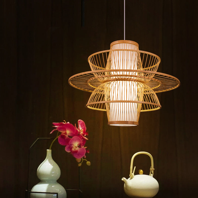 Bamboo Barrel Down Lighting Pendant Asian 16"/23.5"/39" Wide 1 Bulb Beige Hanging Lamp with 3 Layer Shade Beige Clearhalo 'Ceiling Lights' 'Modern Pendants' 'Modern' 'Pendant Lights' 'Pendants' Lighting' 1958094