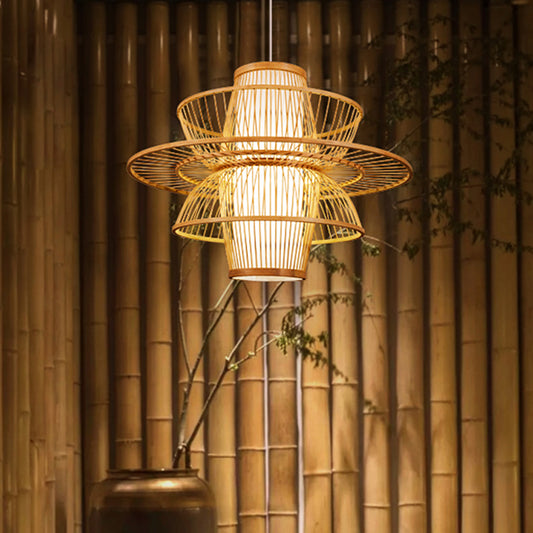 Bamboo Barrel Down Lighting Pendant Asian 16"/23.5"/39" Wide 1 Bulb Beige Hanging Lamp with 3 Layer Shade Clearhalo 'Ceiling Lights' 'Modern Pendants' 'Modern' 'Pendant Lights' 'Pendants' Lighting' 1958095