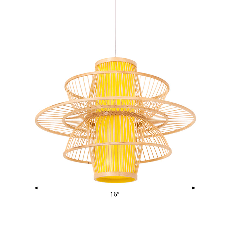 Bamboo Barrel Down Lighting Pendant Asian 16"/23.5"/39" Wide 1 Bulb Beige Hanging Lamp with 3 Layer Shade Clearhalo 'Ceiling Lights' 'Modern Pendants' 'Modern' 'Pendant Lights' 'Pendants' Lighting' 1958098