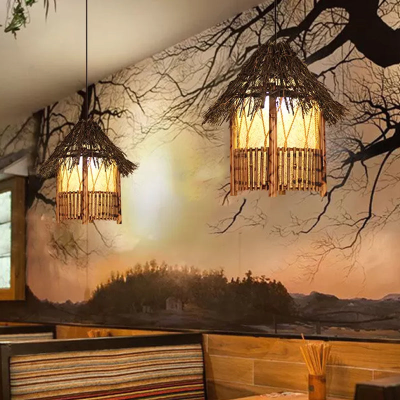 Rustic House Shaped Pendant Lighting Bamboo 1 Head Tearoom Hanging Ceiling Light in Brown Clearhalo 'Ceiling Lights' 'Modern Pendants' 'Modern' 'Pendant Lights' 'Pendants' Lighting' 1958104
