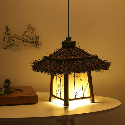 Rustic House Shaped Pendant Lighting Bamboo 1 Head Tearoom Hanging Ceiling Light in Brown Brown A Clearhalo 'Ceiling Lights' 'Modern Pendants' 'Modern' 'Pendant Lights' 'Pendants' Lighting' 1958108