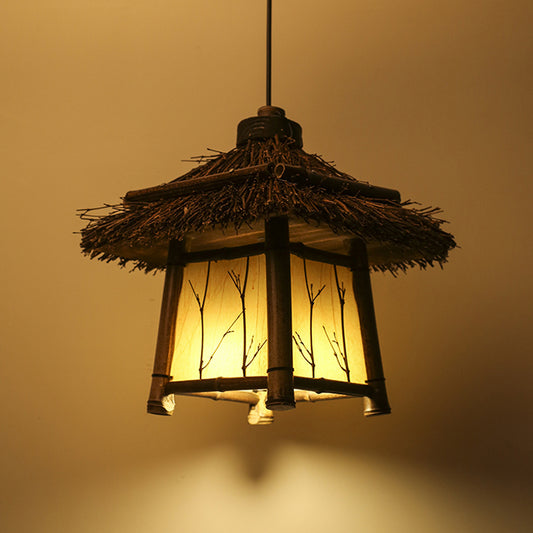 Rustic House Shaped Pendant Lighting Bamboo 1 Head Tearoom Hanging Ceiling Light in Brown Clearhalo 'Ceiling Lights' 'Modern Pendants' 'Modern' 'Pendant Lights' 'Pendants' Lighting' 1958110
