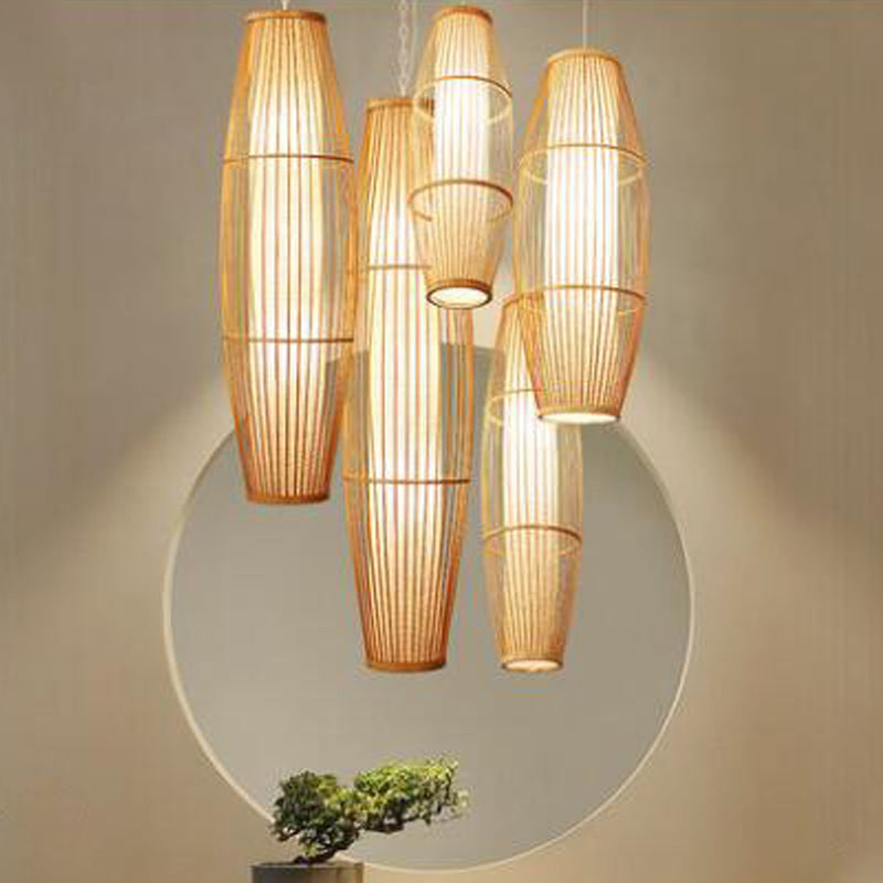 Elliptical Hanging Pendant Light Asian Bamboo 1 Bulb Living Room Small/Medium/Large Ceiling Hang Lamp in Beige Beige Small B Clearhalo 'Ceiling Lights' 'Modern Pendants' 'Modern' 'Pendant Lights' 'Pendants' Lighting' 1958140