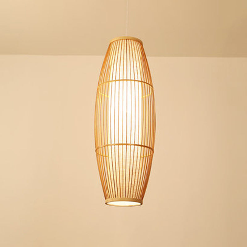 Elliptical Hanging Pendant Light Asian Bamboo 1 Bulb Living Room Small/Medium/Large Ceiling Hang Lamp in Beige Beige Large B Clearhalo 'Ceiling Lights' 'Modern Pendants' 'Modern' 'Pendant Lights' 'Pendants' Lighting' 1958148