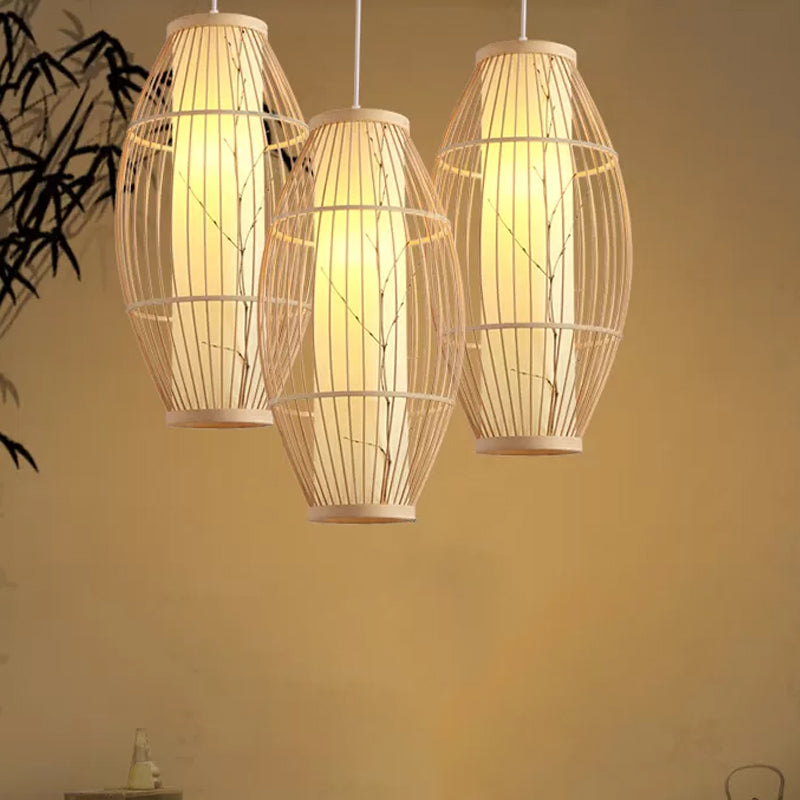 Asian 1-Head Pendant Light Fixture Beige Oval Ceiling Suspension Lamp with Bamboo Shade, 14"/19.5"/31.5" Wide Beige Clearhalo 'Ceiling Lights' 'Modern Pendants' 'Modern' 'Pendant Lights' 'Pendants' Lighting' 1958160