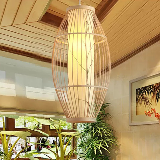Asian 1-Head Pendant Light Fixture Beige Oval Ceiling Suspension Lamp with Bamboo Shade, 14"/19.5"/31.5" Wide Clearhalo 'Ceiling Lights' 'Modern Pendants' 'Modern' 'Pendant Lights' 'Pendants' Lighting' 1958161