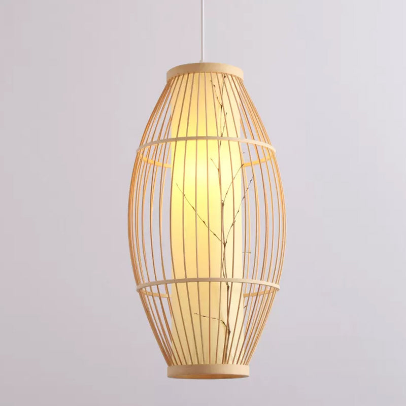 Asian 1-Head Pendant Light Fixture Beige Oval Ceiling Suspension Lamp with Bamboo Shade, 14"/19.5"/31.5" Wide Clearhalo 'Ceiling Lights' 'Modern Pendants' 'Modern' 'Pendant Lights' 'Pendants' Lighting' 1958163
