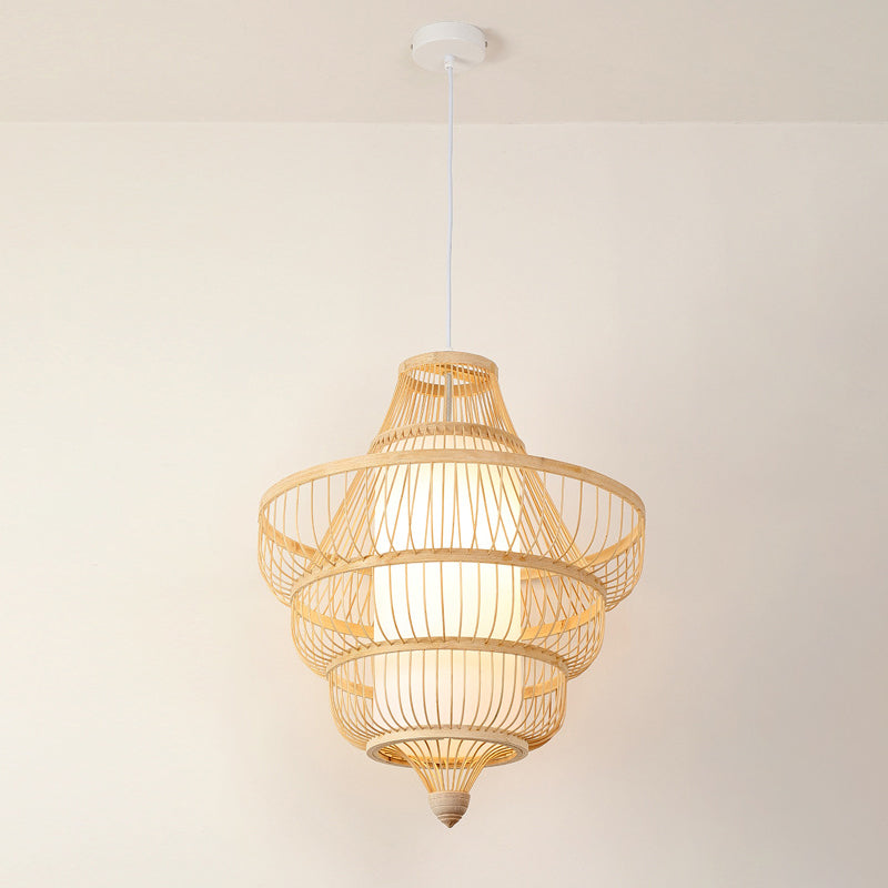 Diamond/Drum/Barrel Drop Pendant Asian Style Bamboo 1-Light Restaurant Hanging Light Kit in Beige Beige H Clearhalo 'Ceiling Lights' 'Modern Pendants' 'Modern' 'Pendant Lights' 'Pendants' Lighting' 1958176