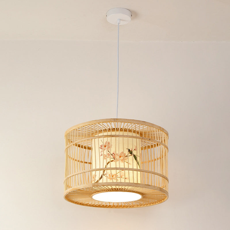 Diamond/Drum/Barrel Drop Pendant Asian Style Bamboo 1-Light Restaurant Hanging Light Kit in Beige Beige F Clearhalo 'Ceiling Lights' 'Modern Pendants' 'Modern' 'Pendant Lights' 'Pendants' Lighting' 1958182