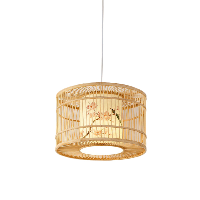 Diamond/Drum/Barrel Drop Pendant Asian Style Bamboo 1-Light Restaurant Hanging Light Kit in Beige Clearhalo 'Ceiling Lights' 'Modern Pendants' 'Modern' 'Pendant Lights' 'Pendants' Lighting' 1958183