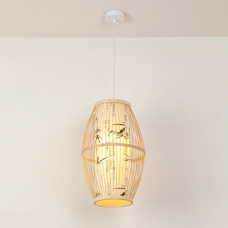 Diamond/Drum/Barrel Drop Pendant Asian Style Bamboo 1-Light Restaurant Hanging Light Kit in Beige Beige A Clearhalo 'Ceiling Lights' 'Modern Pendants' 'Modern' 'Pendant Lights' 'Pendants' Lighting' 1958185