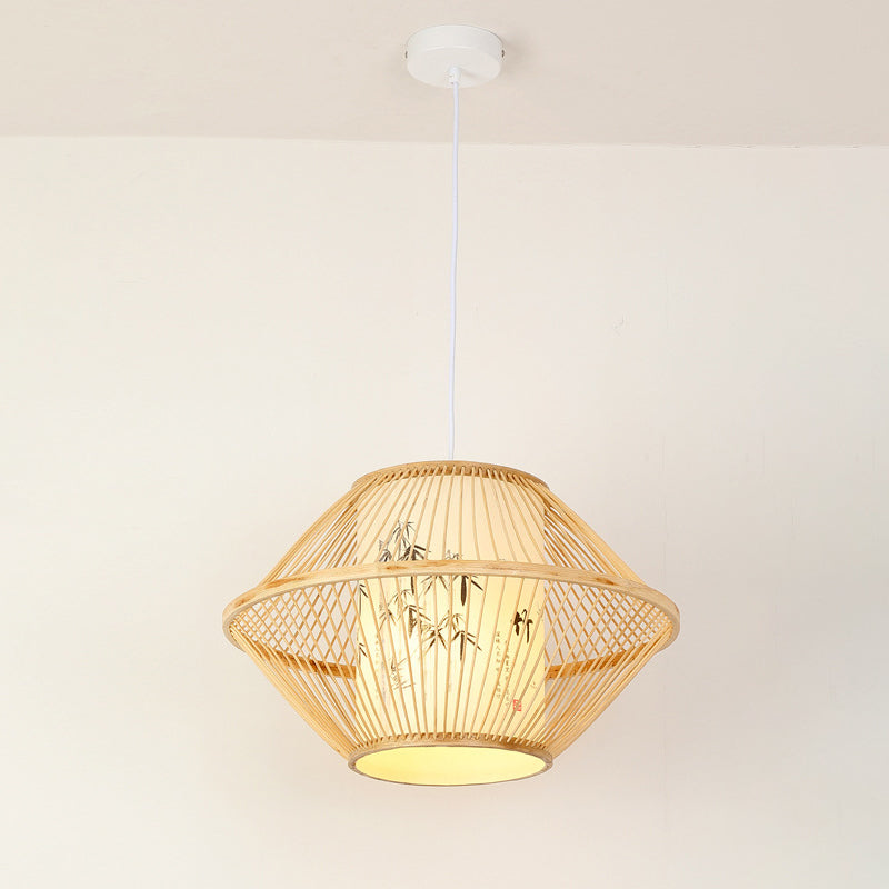 Diamond/Drum/Barrel Drop Pendant Asian Style Bamboo 1-Light Restaurant Hanging Light Kit in Beige Beige B Clearhalo 'Ceiling Lights' 'Modern Pendants' 'Modern' 'Pendant Lights' 'Pendants' Lighting' 1958188