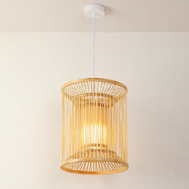 Diamond/Drum/Barrel Drop Pendant Asian Style Bamboo 1-Light Restaurant Hanging Light Kit in Beige Beige E Clearhalo 'Ceiling Lights' 'Modern Pendants' 'Modern' 'Pendant Lights' 'Pendants' Lighting' 1958194