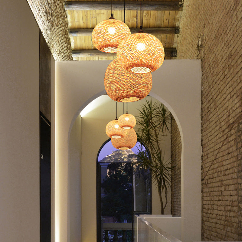 12"/14"/21.5" W 1 Bulb Dining Room Pendant Lamp Asian Beige Suspension Light with Ellipse Bamboo Shade Clearhalo 'Ceiling Lights' 'Modern Pendants' 'Modern' 'Pendant Lights' 'Pendants' Lighting' 1958198