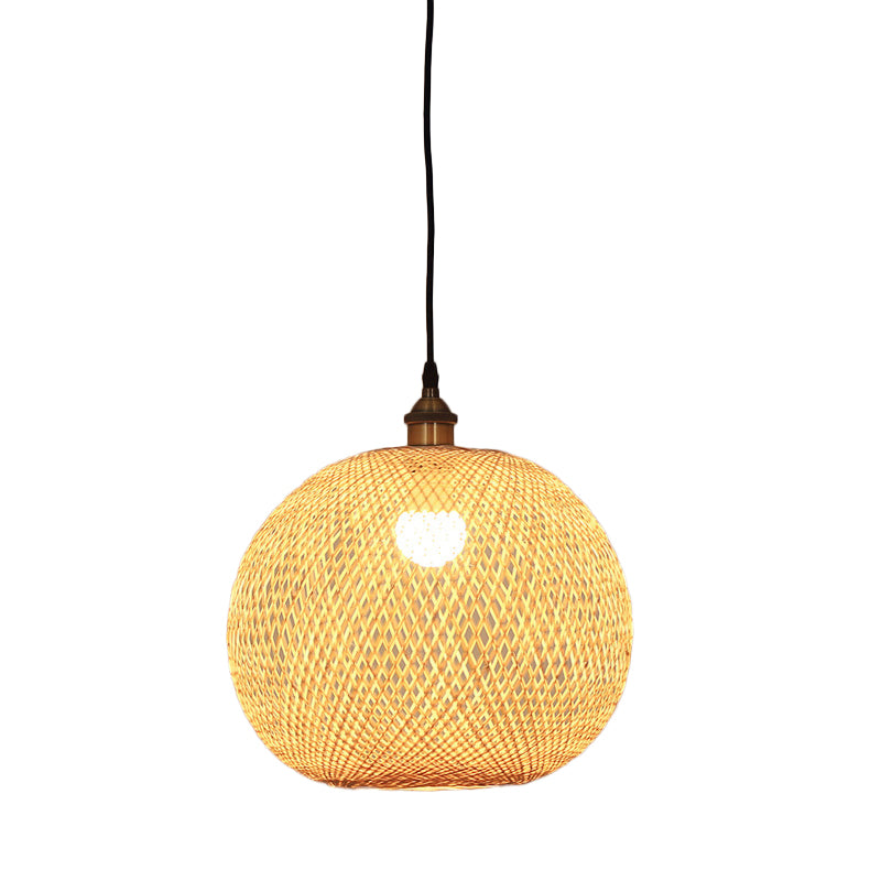 12"/14"/21.5" W 1 Bulb Dining Room Pendant Lamp Asian Beige Suspension Light with Ellipse Bamboo Shade Beige 14" Clearhalo 'Ceiling Lights' 'Modern Pendants' 'Modern' 'Pendant Lights' 'Pendants' Lighting' 1958203