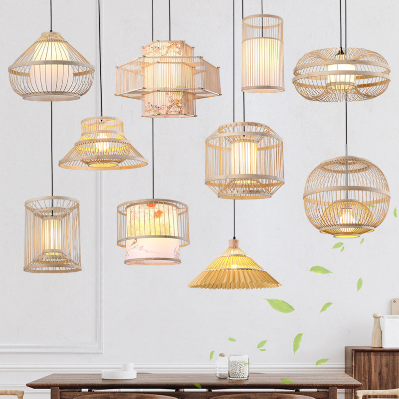 Bamboo Cylinder/Lantern/Drum Pendant Japanese Style 1 Bulb Hanging Ceiling Light in Beige for Restaurant Clearhalo 'Ceiling Lights' 'Modern Pendants' 'Modern' 'Pendant Lights' 'Pendants' Lighting' 1958212