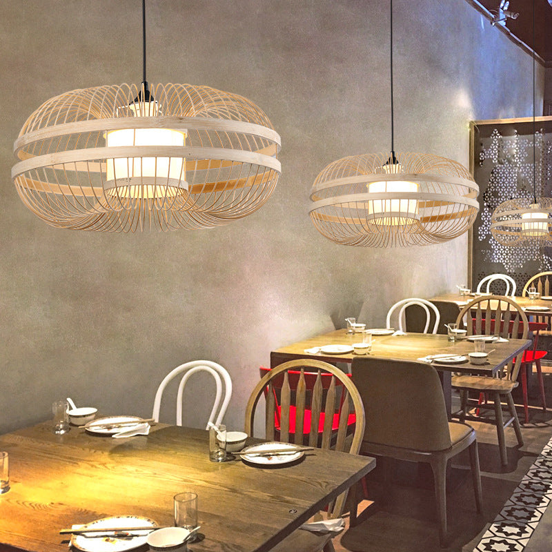 Bamboo Cylinder/Lantern/Drum Pendant Japanese Style 1 Bulb Hanging Ceiling Light in Beige for Restaurant Beige D Clearhalo 'Ceiling Lights' 'Modern Pendants' 'Modern' 'Pendant Lights' 'Pendants' Lighting' 1958213