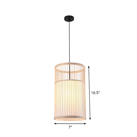 Bamboo Cylinder/Lantern/Drum Pendant Japanese Style 1 Bulb Hanging Ceiling Light in Beige for Restaurant Clearhalo 'Ceiling Lights' 'Modern Pendants' 'Modern' 'Pendant Lights' 'Pendants' Lighting' 1958219