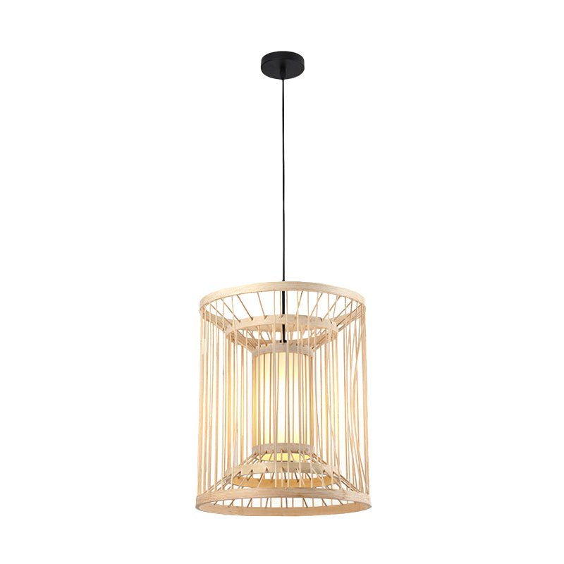 Bamboo Cylinder/Lantern/Drum Pendant Japanese Style 1 Bulb Hanging Ceiling Light in Beige for Restaurant Beige H Clearhalo 'Ceiling Lights' 'Modern Pendants' 'Modern' 'Pendant Lights' 'Pendants' Lighting' 1958228