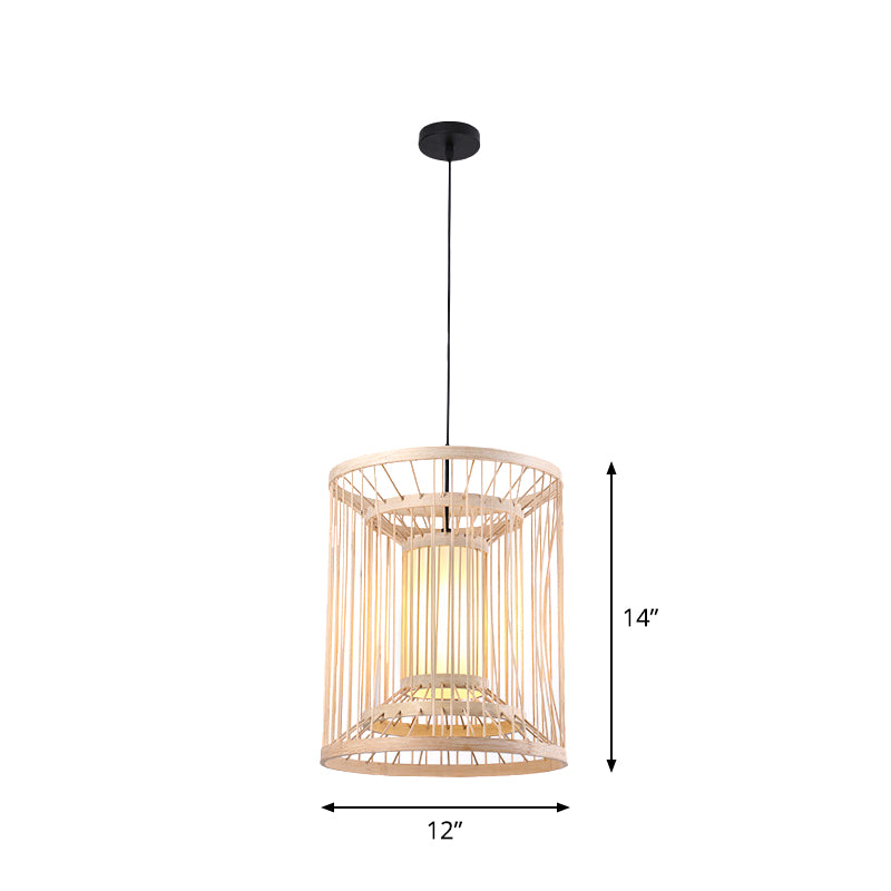 Bamboo Cylinder/Lantern/Drum Pendant Japanese Style 1 Bulb Hanging Ceiling Light in Beige for Restaurant Clearhalo 'Ceiling Lights' 'Modern Pendants' 'Modern' 'Pendant Lights' 'Pendants' Lighting' 1958229