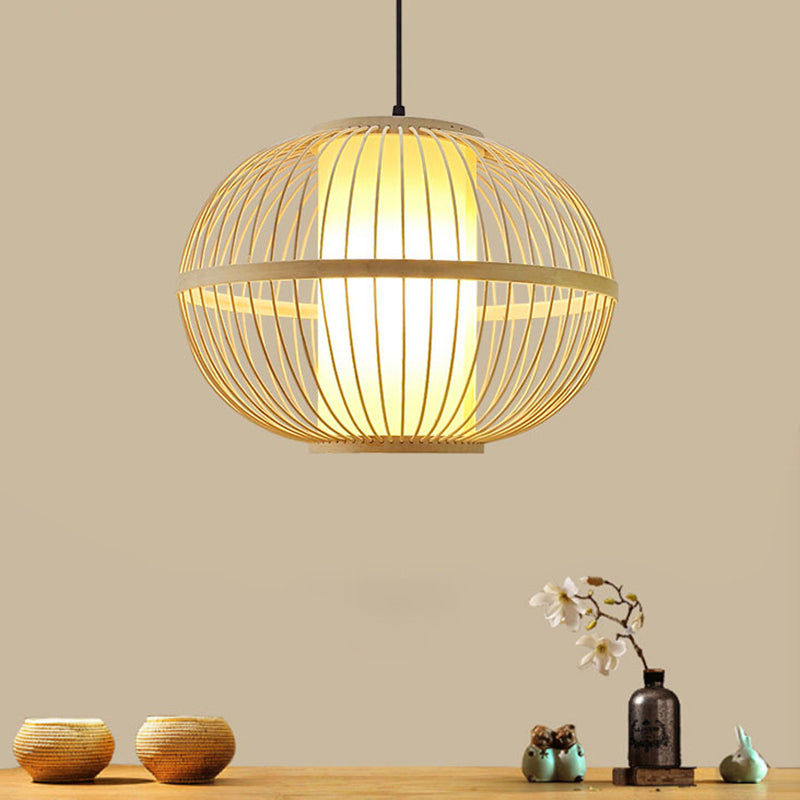 14"/16"/23.5" W Oval Suspension Lighting Asian Bamboo 1-Light Beige Pendant Light Fixture with Inner Shade Beige Clearhalo 'Ceiling Lights' 'Modern Pendants' 'Modern' 'Pendant Lights' 'Pendants' Lighting' 1958230