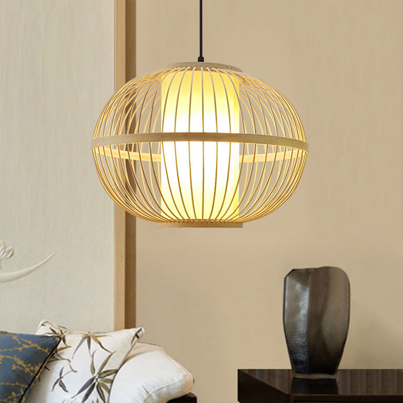 14"/16"/23.5" W Oval Suspension Lighting Asian Bamboo 1-Light Beige Pendant Light Fixture with Inner Shade Clearhalo 'Ceiling Lights' 'Modern Pendants' 'Modern' 'Pendant Lights' 'Pendants' Lighting' 1958231