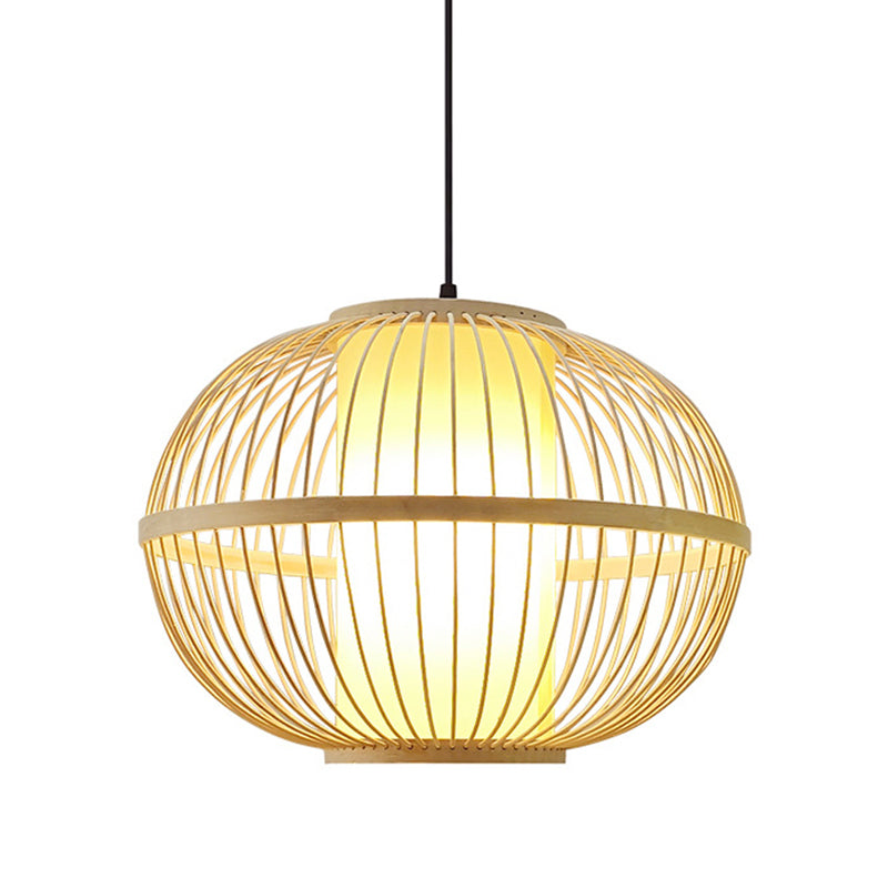 14"/16"/23.5" W Oval Suspension Lighting Asian Bamboo 1-Light Beige Pendant Light Fixture with Inner Shade Clearhalo 'Ceiling Lights' 'Modern Pendants' 'Modern' 'Pendant Lights' 'Pendants' Lighting' 1958232
