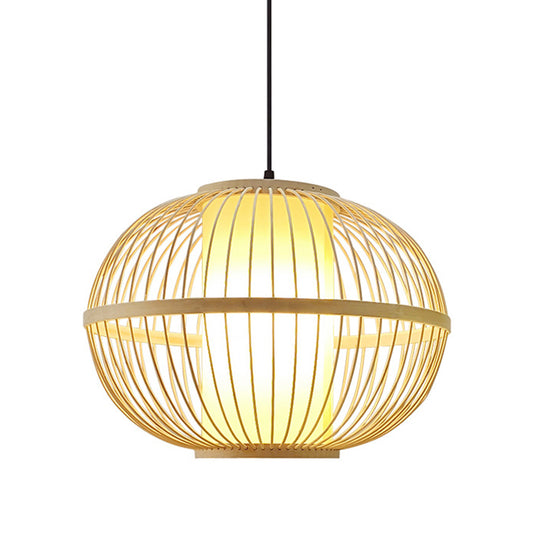 14"/16"/23.5" W Oval Suspension Lighting Asian Bamboo 1-Light Beige Pendant Light Fixture with Inner Shade Clearhalo 'Ceiling Lights' 'Modern Pendants' 'Modern' 'Pendant Lights' 'Pendants' Lighting' 1958232