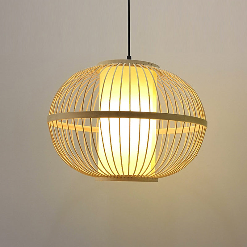 14"/16"/23.5" W Oval Suspension Lighting Asian Bamboo 1-Light Beige Pendant Light Fixture with Inner Shade Clearhalo 'Ceiling Lights' 'Modern Pendants' 'Modern' 'Pendant Lights' 'Pendants' Lighting' 1958234