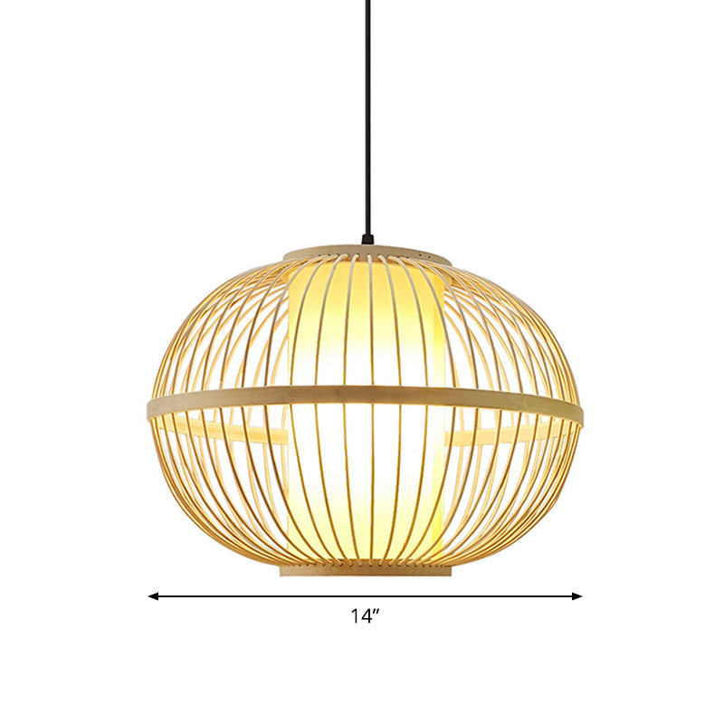 14"/16"/23.5" W Oval Suspension Lighting Asian Bamboo 1-Light Beige Pendant Light Fixture with Inner Shade Clearhalo 'Ceiling Lights' 'Modern Pendants' 'Modern' 'Pendant Lights' 'Pendants' Lighting' 1958235
