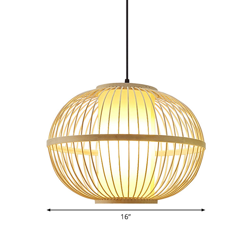 14"/16"/23.5" W Oval Suspension Lighting Asian Bamboo 1-Light Beige Pendant Light Fixture with Inner Shade Clearhalo 'Ceiling Lights' 'Modern Pendants' 'Modern' 'Pendant Lights' 'Pendants' Lighting' 1958236