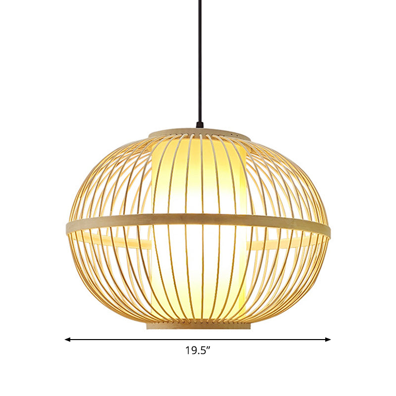 14"/16"/23.5" W Oval Suspension Lighting Asian Bamboo 1-Light Beige Pendant Light Fixture with Inner Shade Clearhalo 'Ceiling Lights' 'Modern Pendants' 'Modern' 'Pendant Lights' 'Pendants' Lighting' 1958237