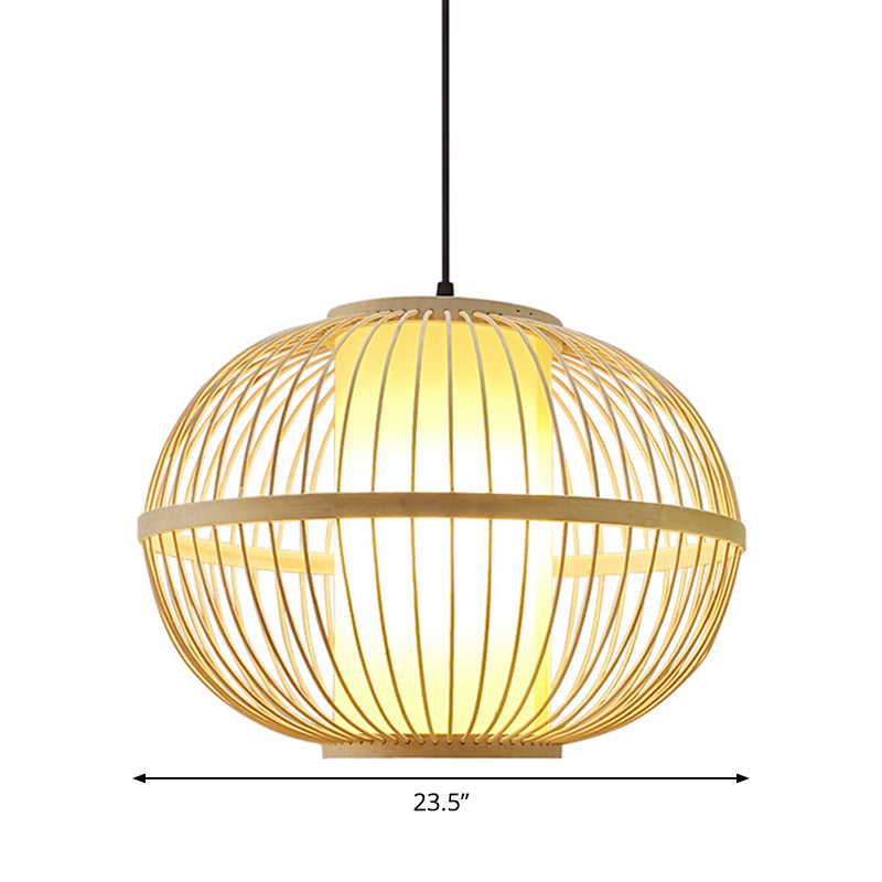 14"/16"/23.5" W Oval Suspension Lighting Asian Bamboo 1-Light Beige Pendant Light Fixture with Inner Shade Clearhalo 'Ceiling Lights' 'Modern Pendants' 'Modern' 'Pendant Lights' 'Pendants' Lighting' 1958238