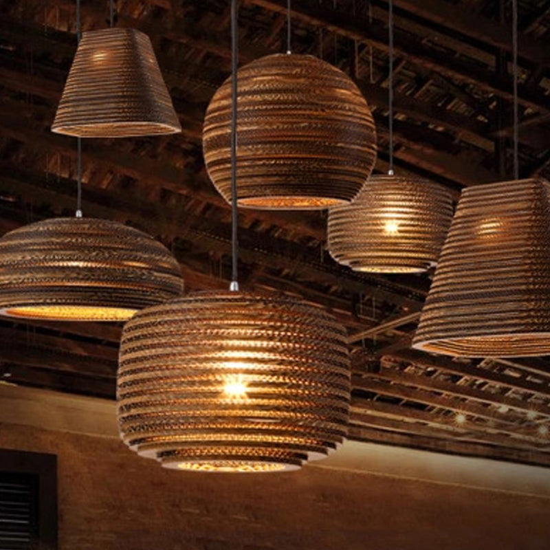 Paper Trapezoid/Vase Pendant Light Kit Country Style Single Brown Suspension Lamp, 10"/12"/15" Wide Brown 10" Vase Clearhalo 'Ceiling Lights' 'Modern Pendants' 'Modern' 'Pendant Lights' 'Pendants' Lighting' 1958244