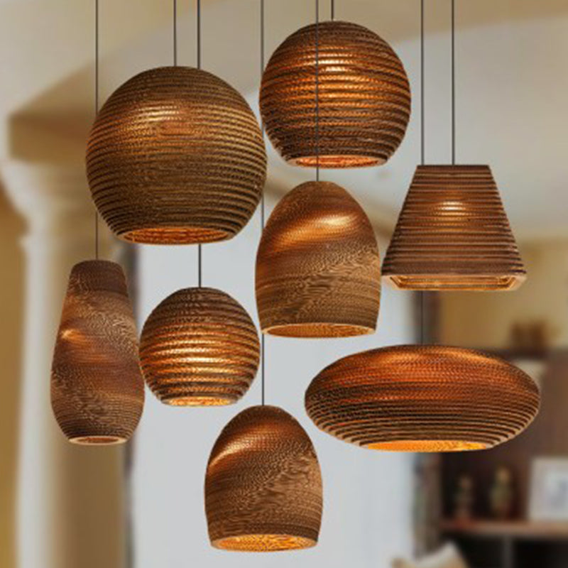 Paper Trapezoid/Vase Pendant Light Kit Country Style Single Brown Suspension Lamp, 10"/12"/15" Wide Brown Trapezoid Clearhalo 'Ceiling Lights' 'Modern Pendants' 'Modern' 'Pendant Lights' 'Pendants' Lighting' 1958245