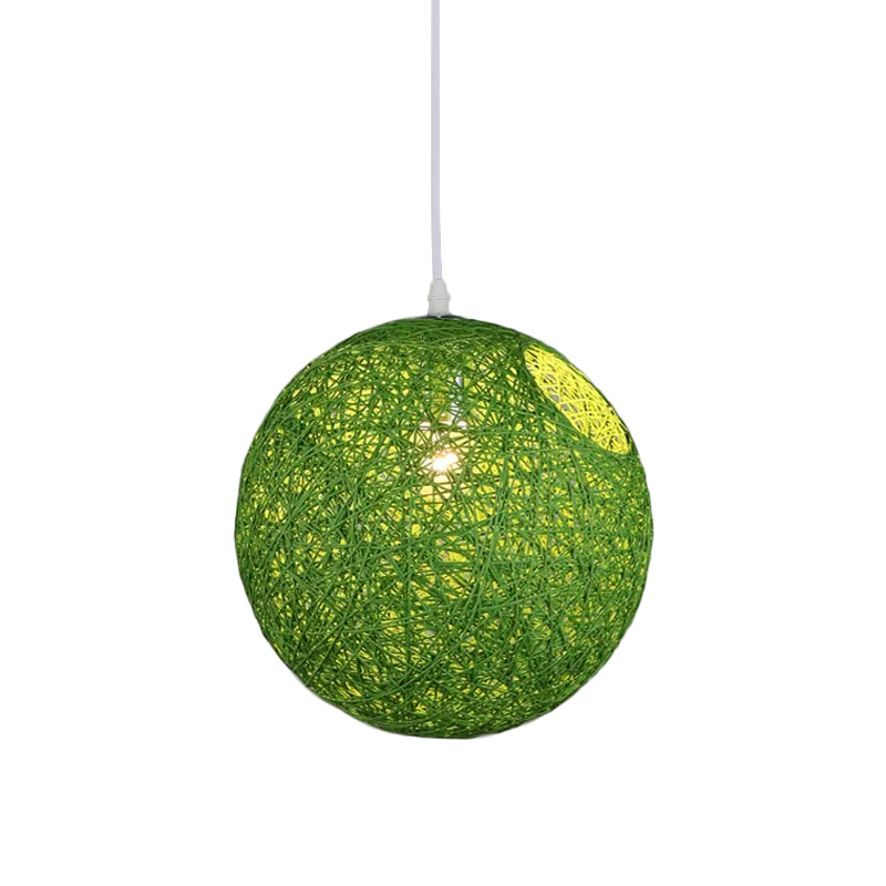 Rattan Globe Suspension Light Contemporary Single-Bulb Blue/Pink/Red Ceiling Pendant Lamp with Cut-out Hole Clearhalo 'Ceiling Lights' 'Modern Pendants' 'Modern' 'Pendant Lights' 'Pendants' Lighting' 1958255