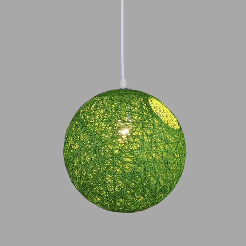 Rattan Globe Suspension Light Contemporary Single-Bulb Blue/Pink/Red Ceiling Pendant Lamp with Cut-out Hole Clearhalo 'Ceiling Lights' 'Modern Pendants' 'Modern' 'Pendant Lights' 'Pendants' Lighting' 1958256